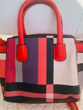 Coral Red Plaid Structured Satchel Crossbody Top Handle Handbag Purse